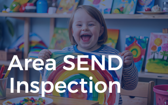 A picture of a smiling child with the words Area SEND Inspection written on it